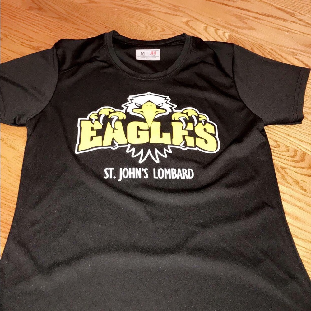 A black t-shirt with wording.
